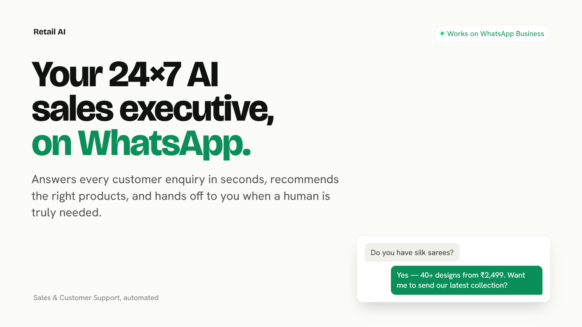 Retail AI interface for a WhatsApp sales assistant