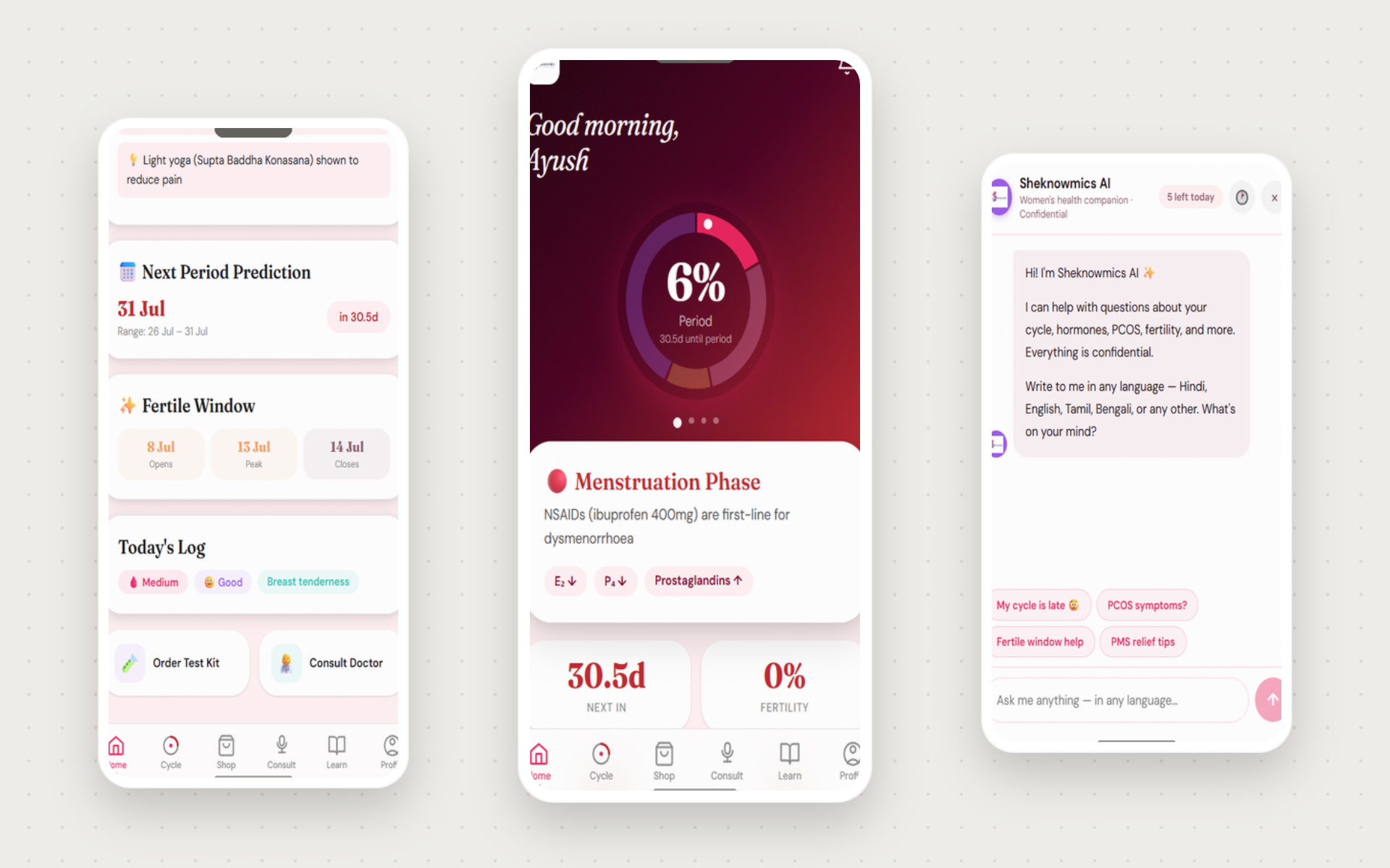 Sheknowmics mobile app screens for women’s health